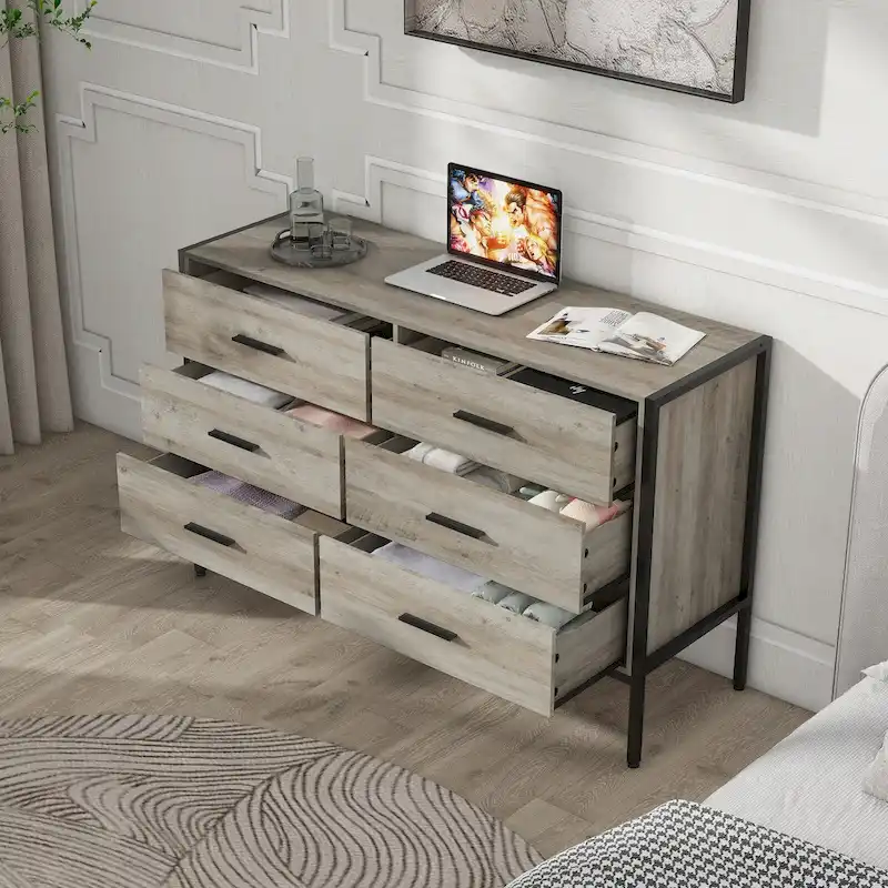 Wood Dresser with 6 Drawers, Solid Clothes Cabinet with Sturdy Steel Frame, 48.58W15.75D31.22H, 48 inch, Rustic Grey