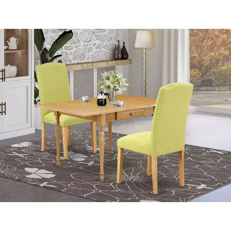 Kitchen Table Set with 2 Chairs, Drop Leaf Dining Table, Linen Fabric Parsons Chairs, Oak Finish