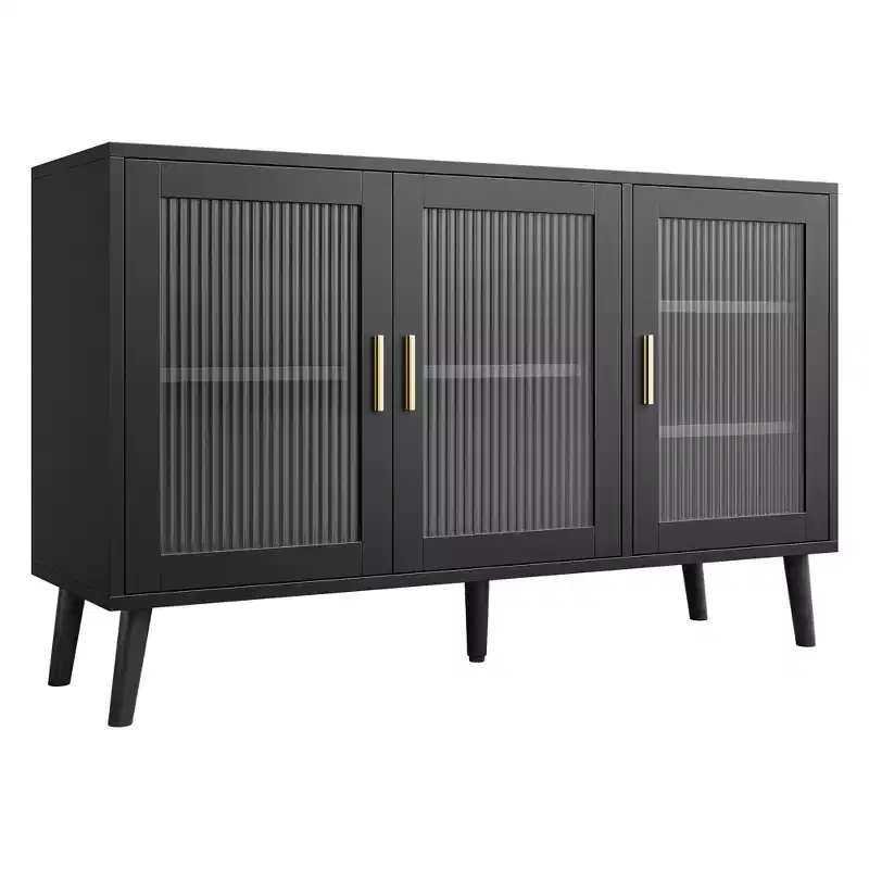 Black Cabinet for Kitchen, Dinning Room, , Living RoomSideboard Cabinet with 3 Fluted Glass Doors,
