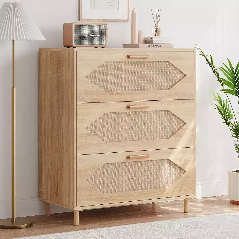 DobleePy 31.5 Oak Rattan 3-Drawer Dresser, Wood Storage Cabinet Chest for Bedroom, Entryway, Hallway, Easy Assembly, Boho Style