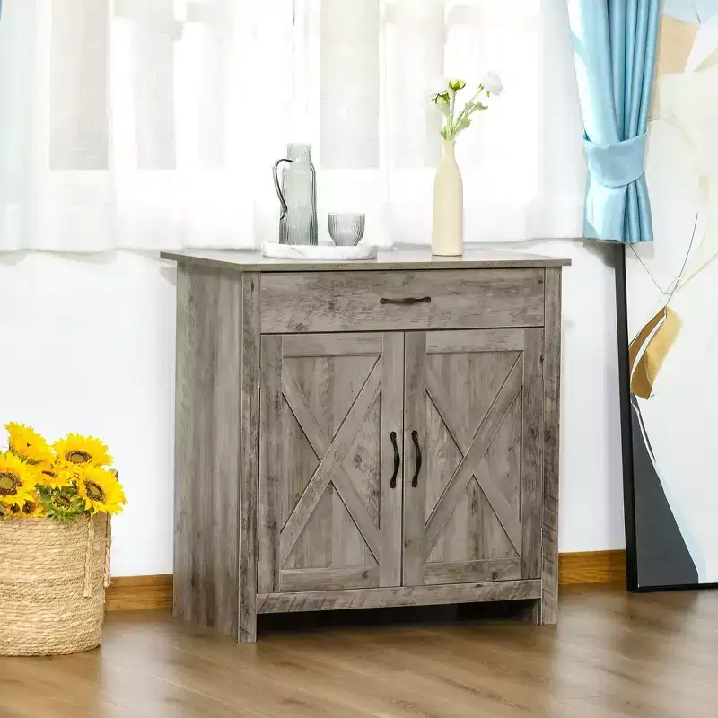 32 Farmhouse Barn Door Style Sideboard, Buffet Storage Cabinet Coffee Bar for Living Room or Entryway