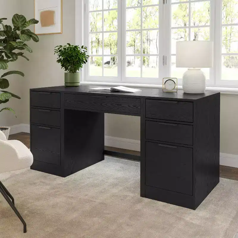 Modular Home Office Desk with Single Drawer & Dual 3-Drawer File Cabinets, Wood Composite