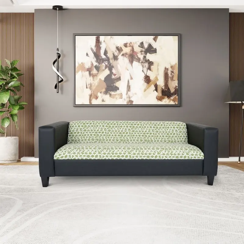 Mid Century Modern 3 Seater Sofa Faux Leather Solid Wood Frame Upholstered