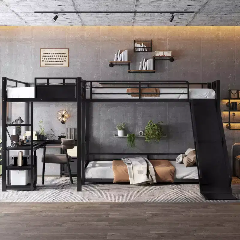 GDFStudio Urban L-Shaped Metal Triple Bunk Bed with Slide and Desk