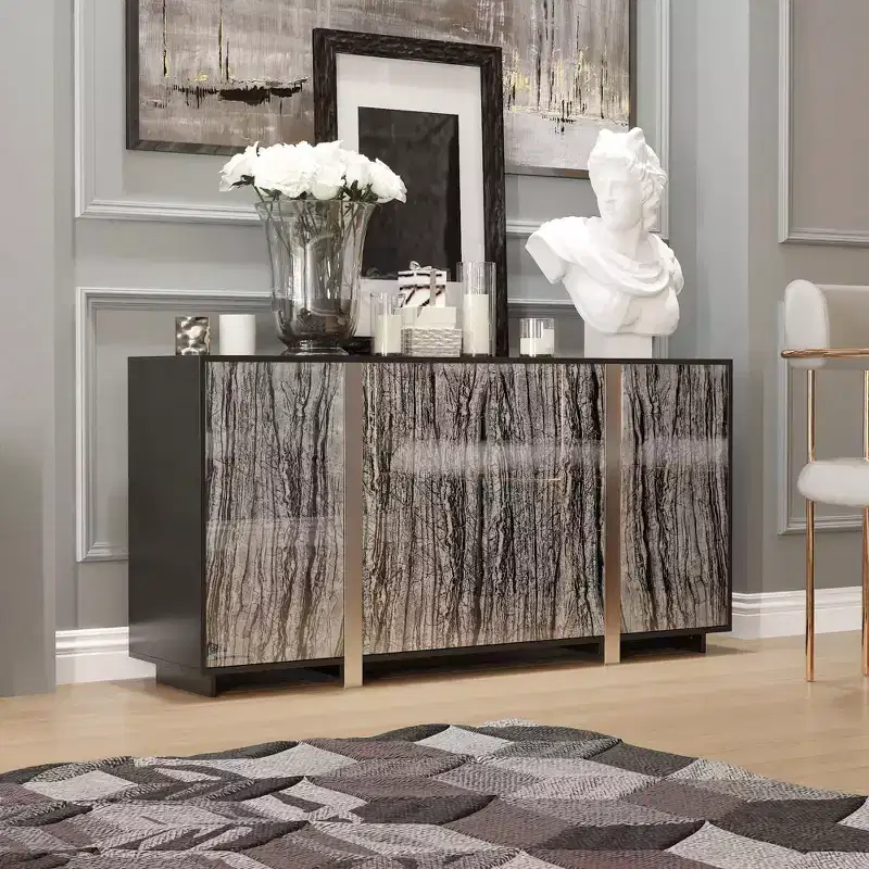 Famapy Chic Buffet Cabinet with Wood - Grain Pattern, Integrated Lighting and Sturdy Black Frame - Elevate Dining Spaces with Stylish Storage