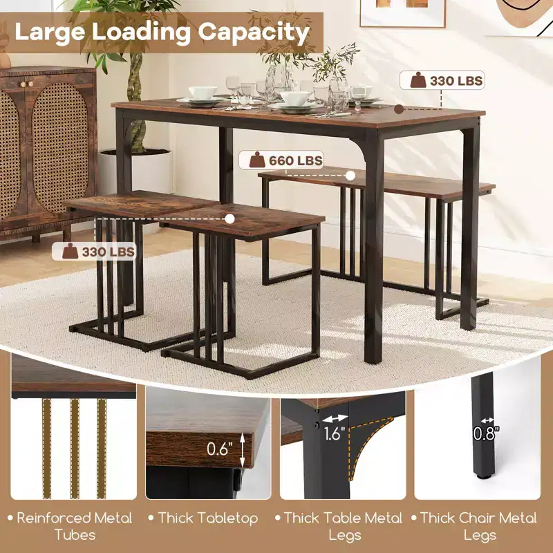 Costway 4-Piece Dining Table Set Industrial Kitchen Table Set w/ Bench & 2 Stools