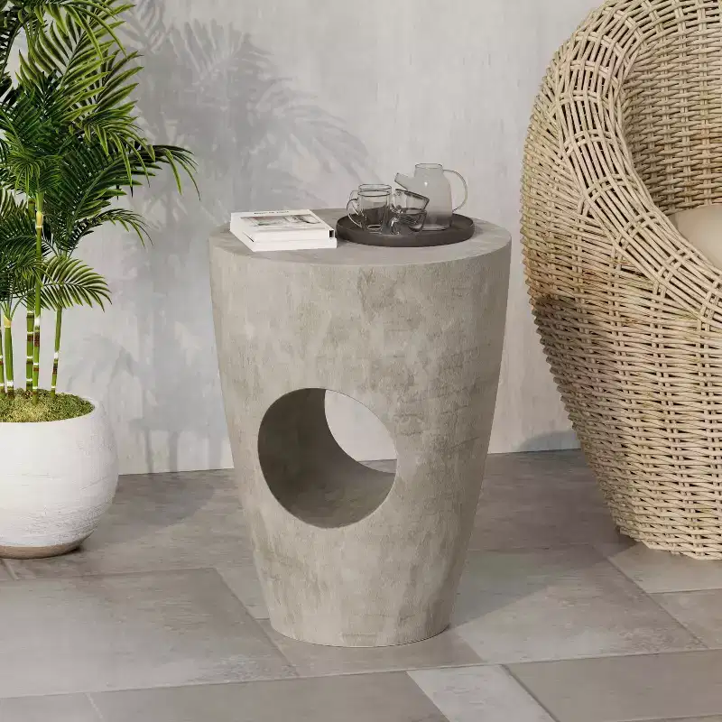 MAYEERTY Elegant Outdoor End Table, Concrete Round Top Drum Shape