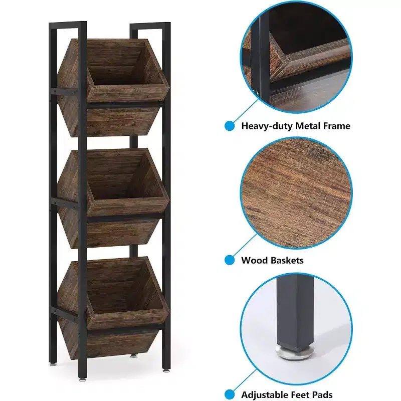 3 Tier Vertical Wood Bin Shelves