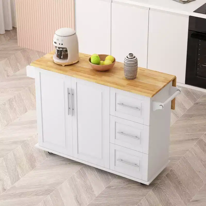 FAMYYT White Solid Wood Table Top 16.93 in. Kitchen Island Cart with 2 Door Cabinet and 3 Drawers Spice Rack Towel Rack