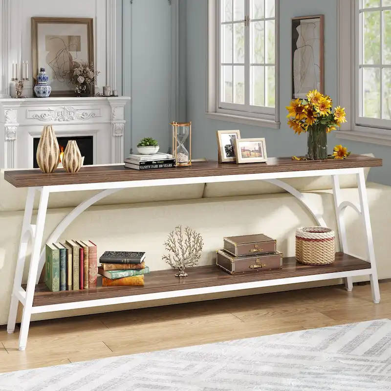 2-Tier Extra Long Console Table with Steel Frame – Rustic Brown+White / Grey+Black / Rustic Brown+Black / White, 1-Unit