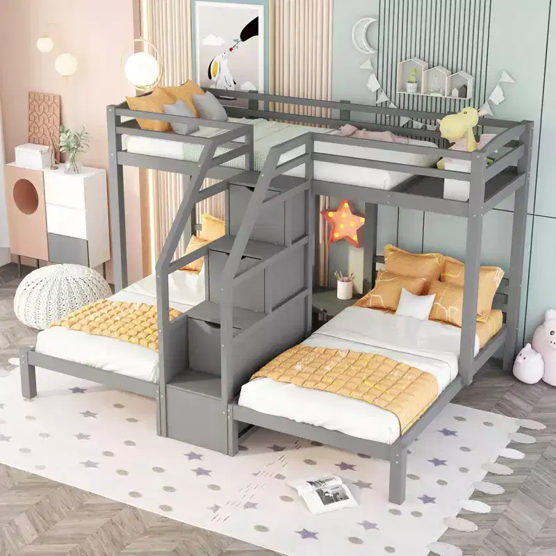Twin over Twin & Twin Bunk Bed with Upper Storage Board and Built in Storage Staircase and Small Drawers Gray
