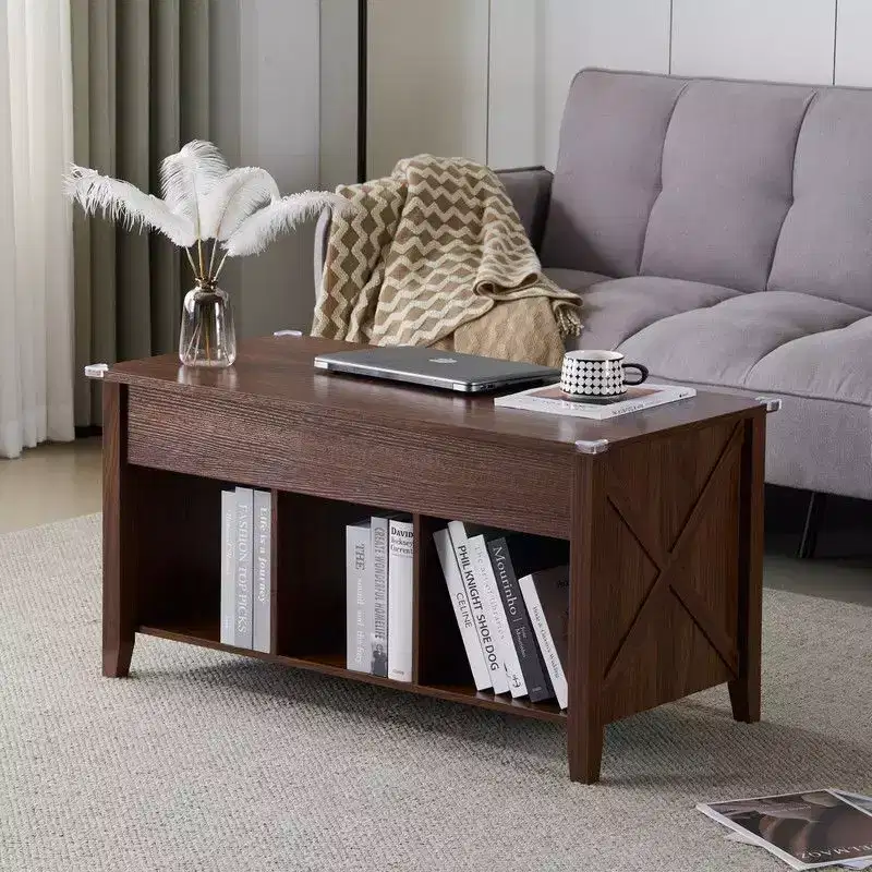 Lift Top Coffee Table with Hidden Compartment & 3 Open Shelves, Rustic Wood