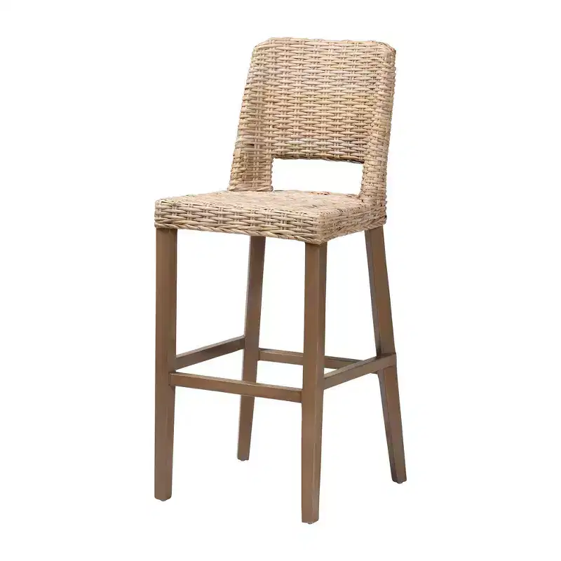 bali & pari Magy Rattan and Mahogany Wood Barstool Kubu Gray/Rustic Taupe