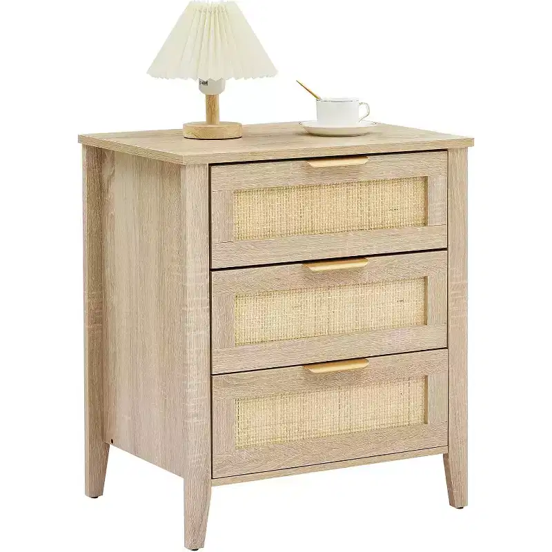 Rattan Nightstand, Boho Nightstand with 3 Natural Rattan Drawers, Bedside Table with Sturdy Wood Legs for Bedroom, Living Room, Natural