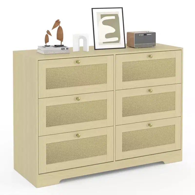 Modern 6-Drawer Boho Dresser with Solid Wood Legs, Long Storage Chest for Bedroom & Living Room