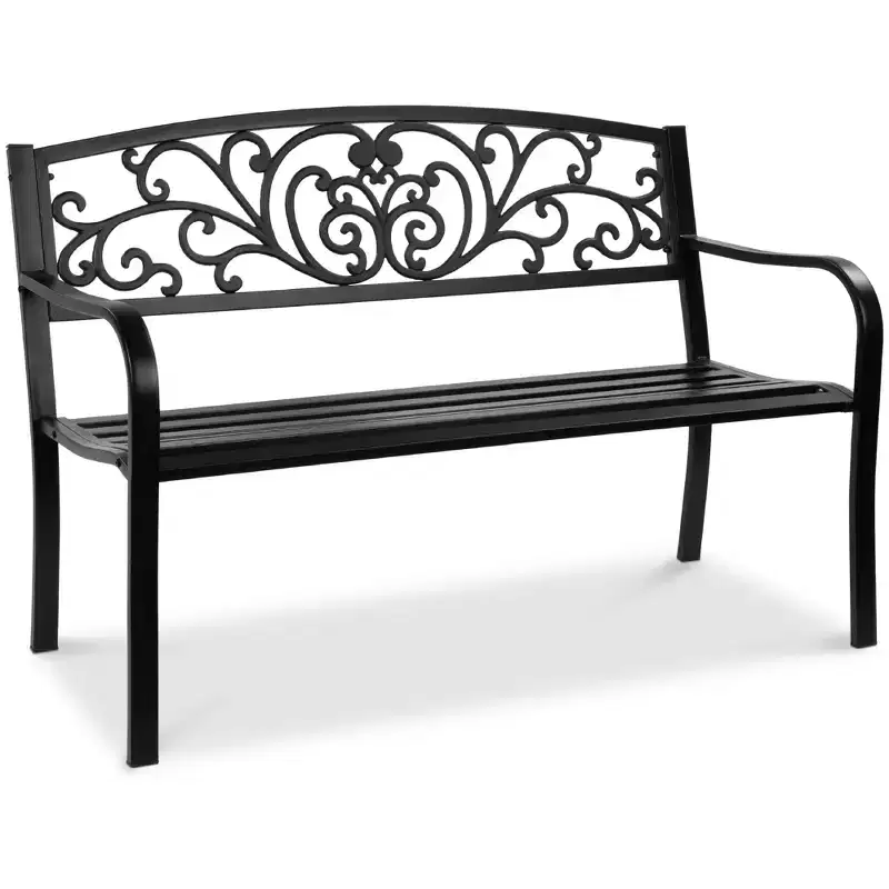 Best Choice Products Outdoor Steel Bench Garden Patio Porch Furniture w/ Floral Design Backrest