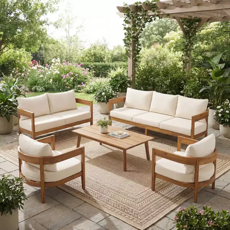 Christopher Knight Home Safira 5 Piece Patio Rustic Acacia Wood Conversation Set with Thick Cushions