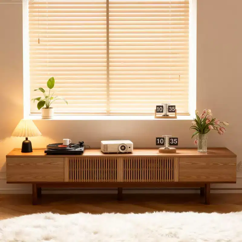 Gaoyangjiaju 86.6 Solid Wood TV Stand for TVs up to 90 - Fully Assembled Mid-Century Modern Media Console with Slatted Doors