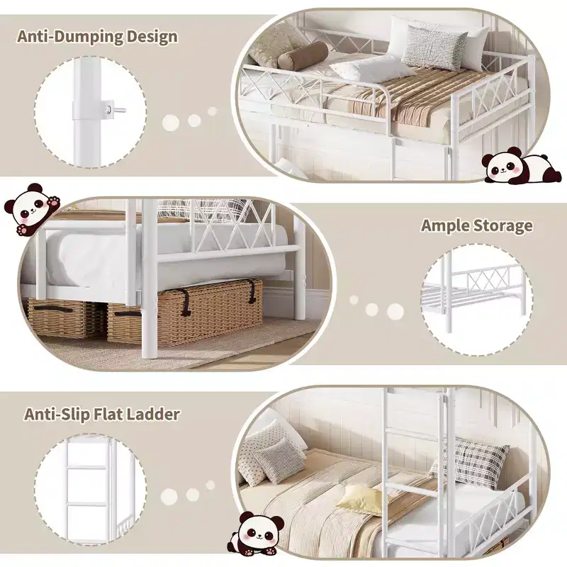 Bunk Bed Twin Over Twin with Extra High Guardrail, Heavy Duty Metal Frame & Sturdy Slats, No Box Spring Needed