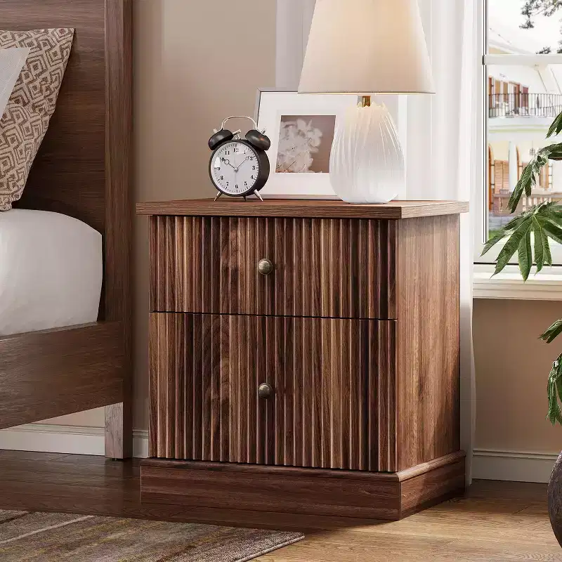 Fluted Mid Century Nightstand with 2 Drawers - Light Wood Bedside Table for Bedroom Living Room
