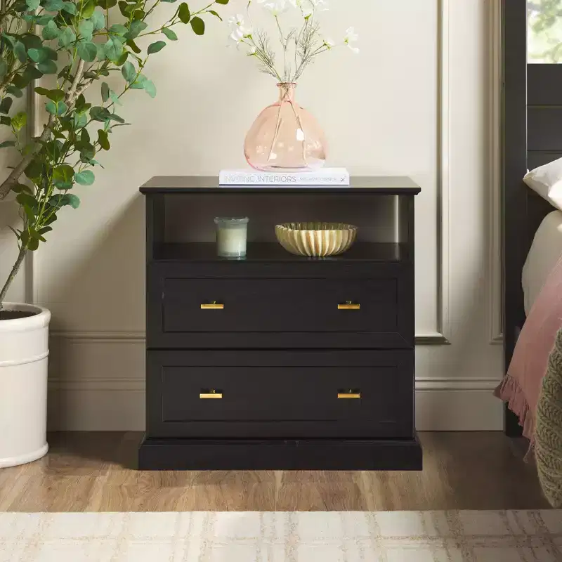 Modern Farmhouse Nightstand with Open Shelf for Bedroom Storage