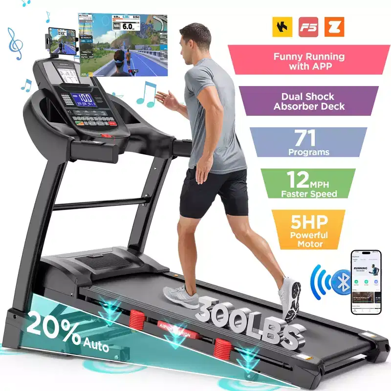 Folding Treadmill w/ 20% Auto Incline, 320 lbs Capacity Treadmill, 5HP Brushless Motor,Smart APP Control, 12mph, Dual HiFi Speakers, Walking Running