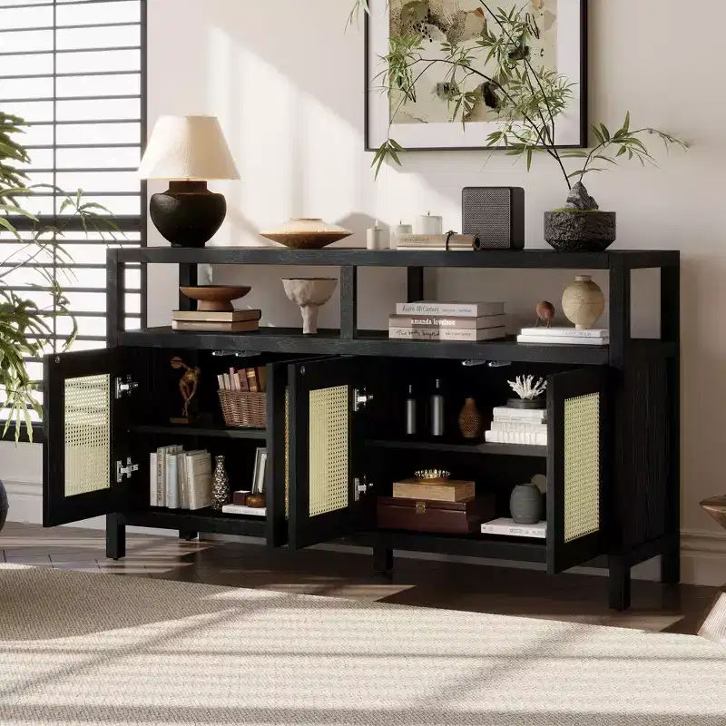 Bohemian Rattan Buffet Cabinet with Wood Frame and Push to Open Design Black