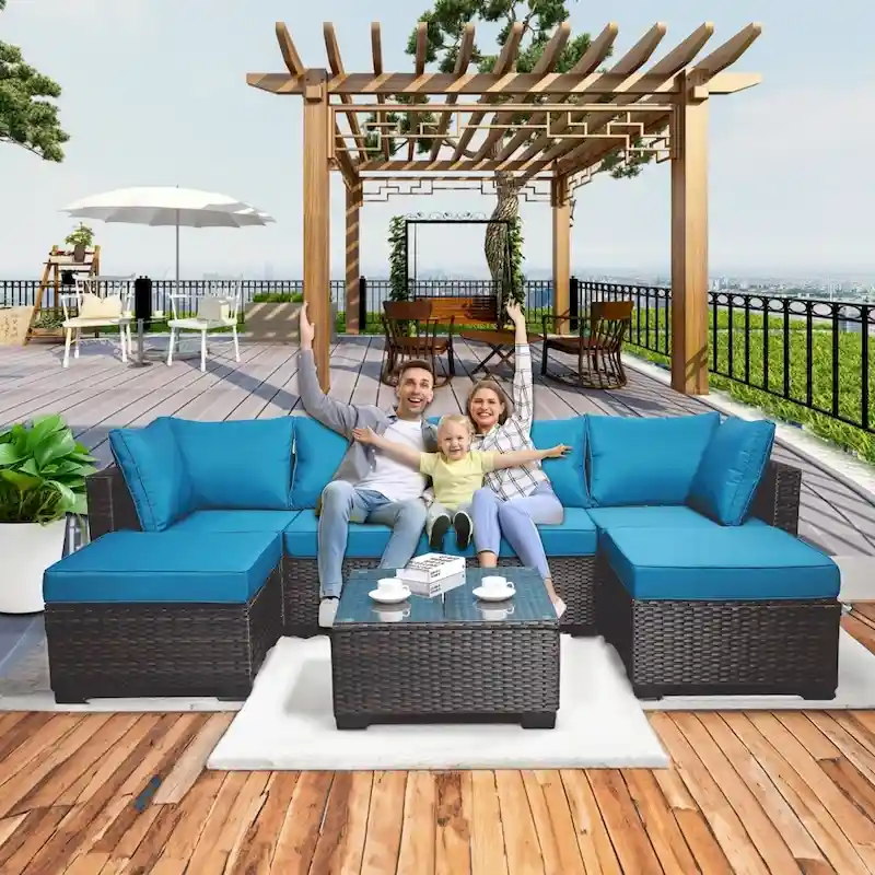 7-Piece Rattan Wicker Cushioned Sofa Sets with Coffee Table