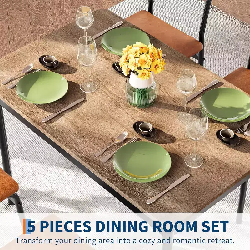 5 Piece Dining Table Set with Wooden Table & 4 PU Upholstered Chairs, Industrial Metal Frame, Compact Kitchen & Dining Room Set