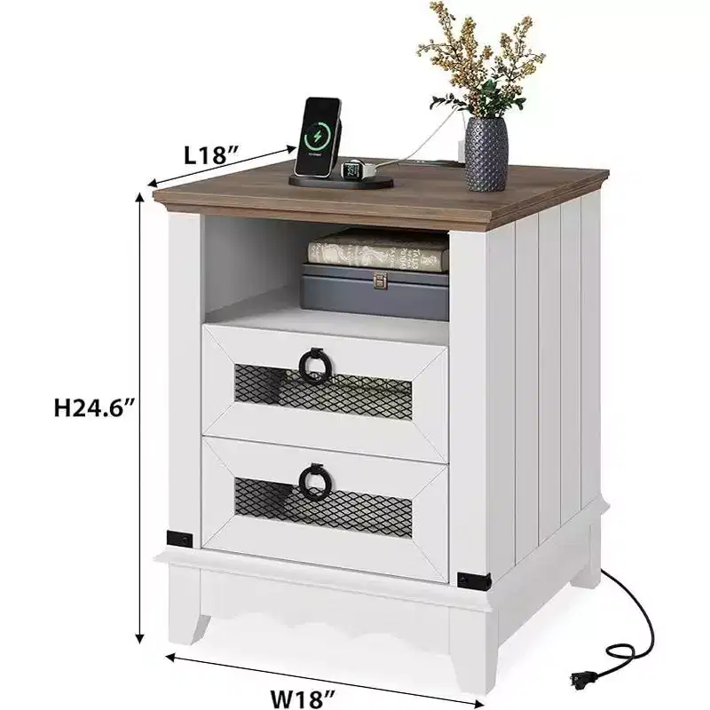 24 Farmhouse Side Table with Charging Station, 2 Drawers, Wooden Sofa Nightstand for Living Room and Bedroom