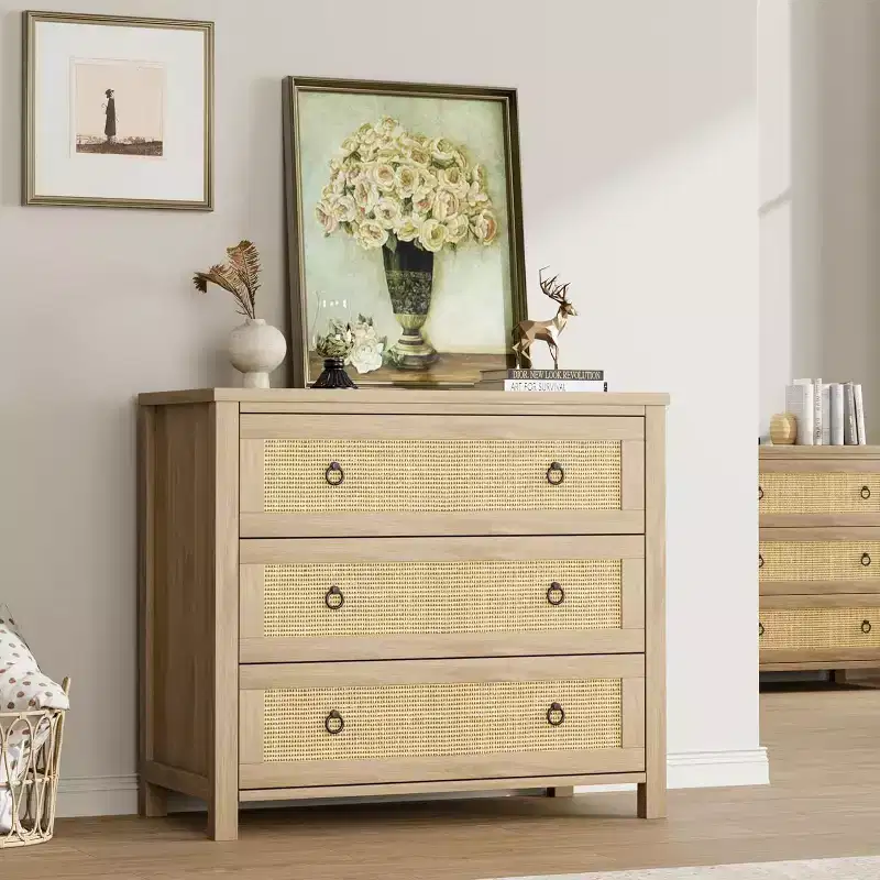 Acekool Drawer Rattan Dresser, Wide Boho Storage Chest with Deep Drawers & Ring Handles for Bedroom, Nursery, Living Room - Natural