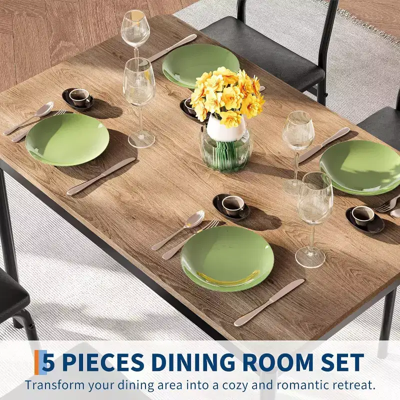 5 Piece Dining Table Set with Wooden Table & 4 PU Upholstered Chairs, Industrial Metal Frame, Compact Kitchen & Dining Room Set