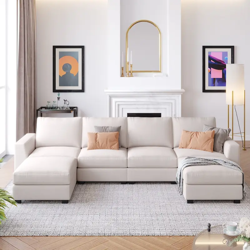 3 Pieces U shaped Sectional Sofa with 2 Removable Ottomans