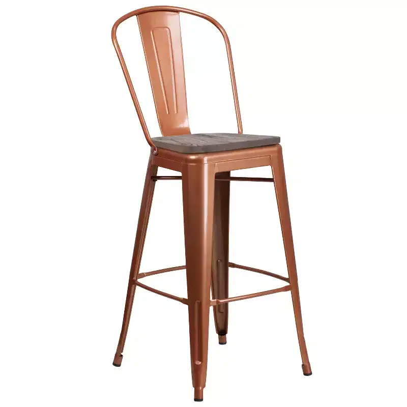 Merrick Lane 30 Metal Indoor-Outdoor Counter Stool with Vertical Slat Back, Integrated Footrest and Wood Seat