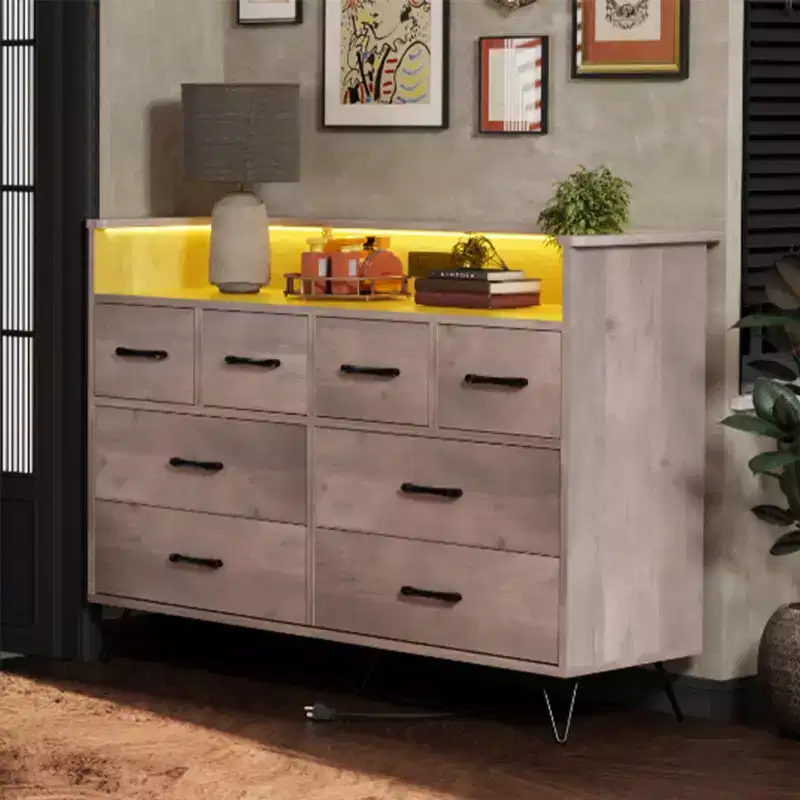 8-Drawer Dresser with Power Outlet, LED Lights & Gold Handles, Modern Wood Chest, White