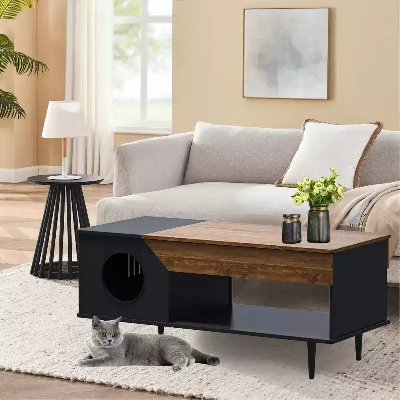 45'' Black Coffee Table Cat Tables Living Room with Storage Drawer, Wooden Rustic Coffee Tables with Cat House
