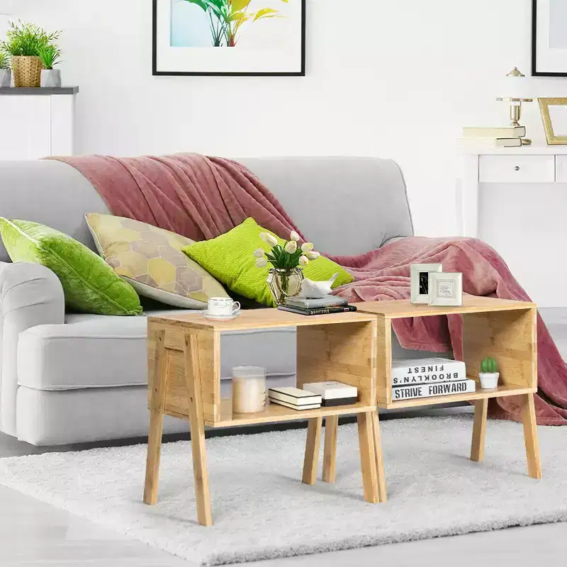 Costway Set of 2 Bamboo Nightstand Stackable Sofa Table Bedside Table with Storage Shelf