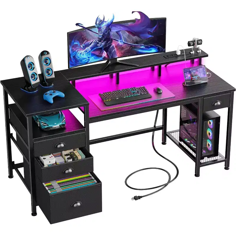 BALHAM TRADE-60 Inch Computer Desk with File Cabinet LED Lights Full Monitor Stand Power Outlets 4 Drawers