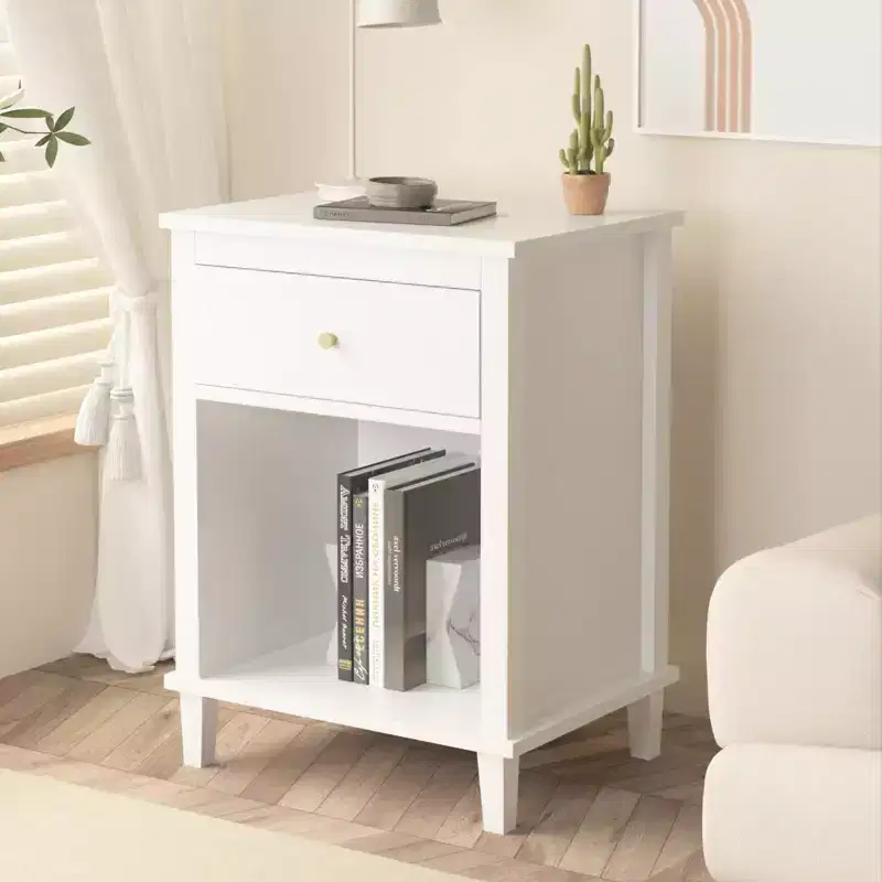 MAYEERTY Wooden Nightstand with One Drawer One Shelf for Bedroom Living Room White