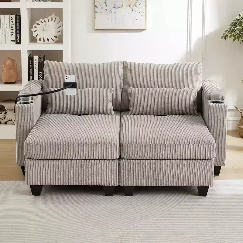 MAYEERTY Convertible Chaise Loveseat Sofa Bed Corduroy Sleeper Sofa with Ports Two Cup Holders for Living Room Brown