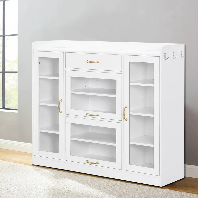 White & Black Shoe Storage Cabinet with Glass Doors & Gold Handles