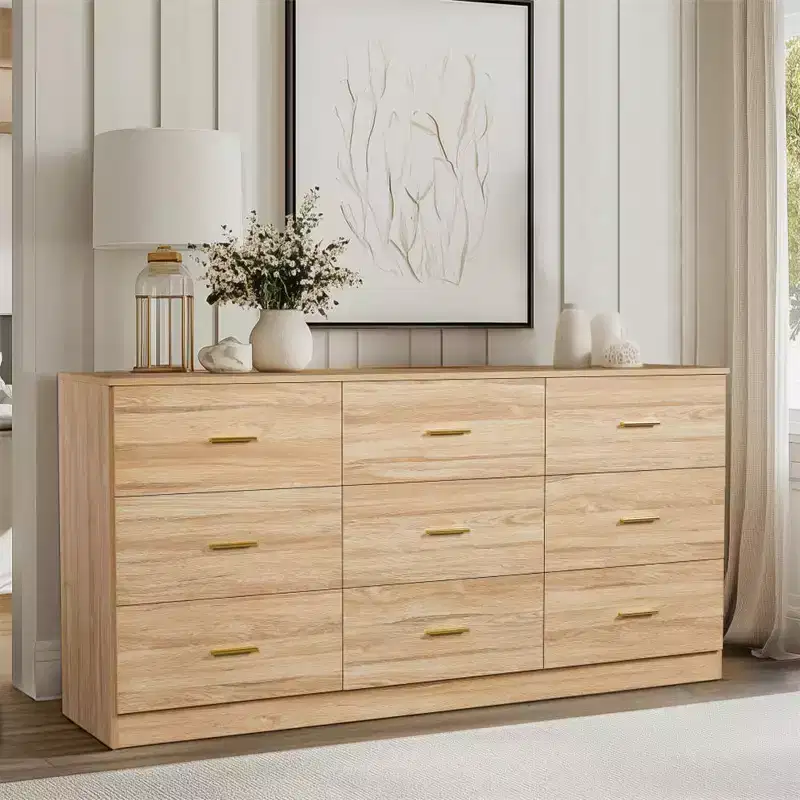 Modern Hardwood Bedroom Dresser with 9 Drawers - Spacious Storage Space, Large Drawers, Sturdy and Secure, Suitable for living Room and Bedroom.