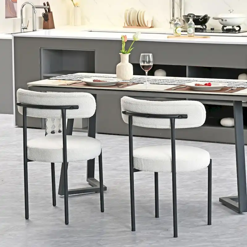 Modern Round Upholstered Boucle Dining Chairs Set of 2, Curved Backrest and black metal spray-painted legs