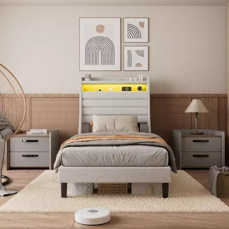 Upholstered Bed Frame with Storage Headboard, Charging Station & LED Lights, Wood Slat Support, No Box Spring Required, Noise-Free.