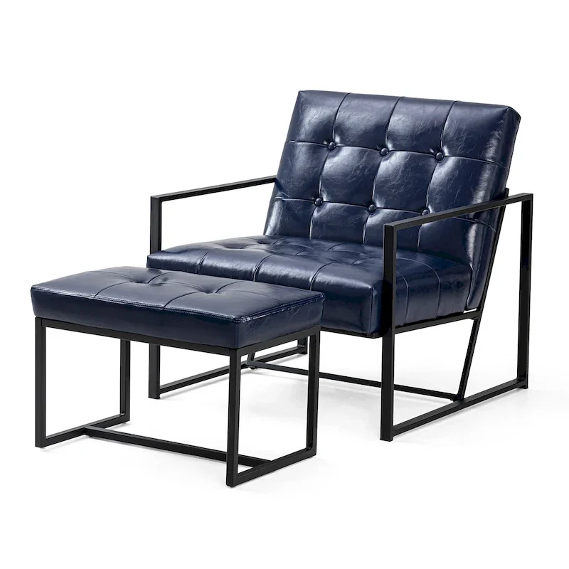 Glitzhome Modern PU Leather Tufted Accent Chair with Ottoman Set