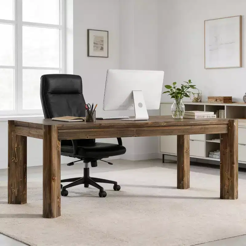 63 Inch Solid Wood Executive Desk, Farmhouse Large Computer Desk, Home Office Workstation