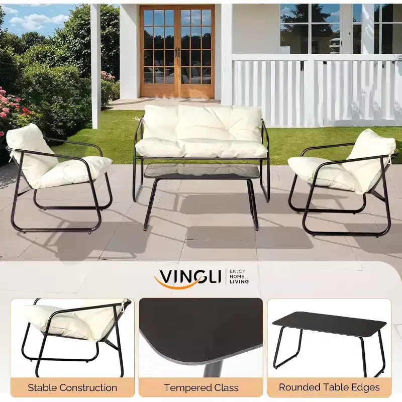 VINGLI 4 Piece Patio Conversation Set, Outdoor Furniture Set with Glass Coffee Table & Comfortable Cushion, White