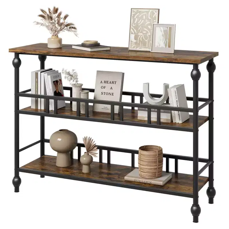 Table 43, 3-Tier Industrial Entryway Table, Narrow Entrance Sofa Table with Shelves