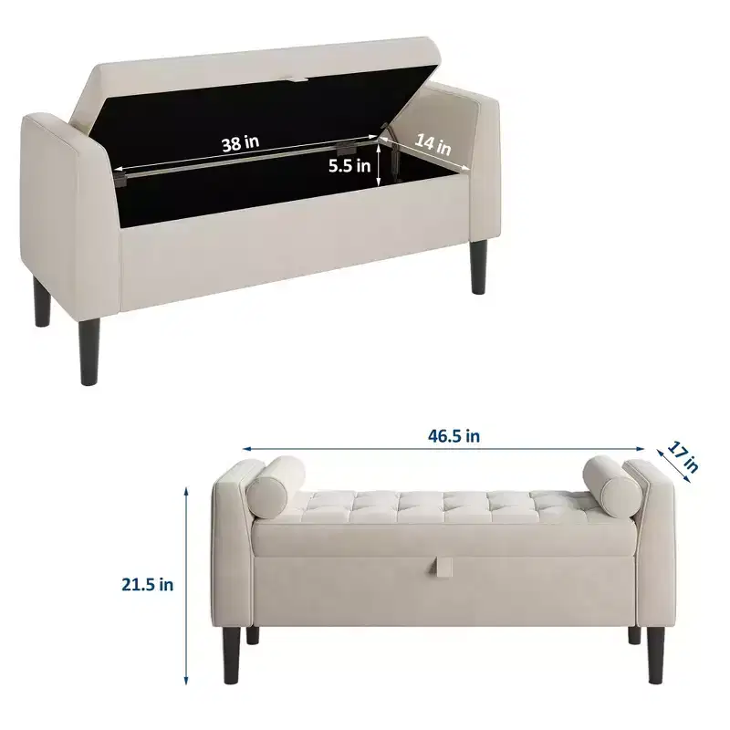 46.5 Storage Bench Ottoman - Upholstered End of Bed Bench with Button-Tufted Design for Bedroom, Entryway