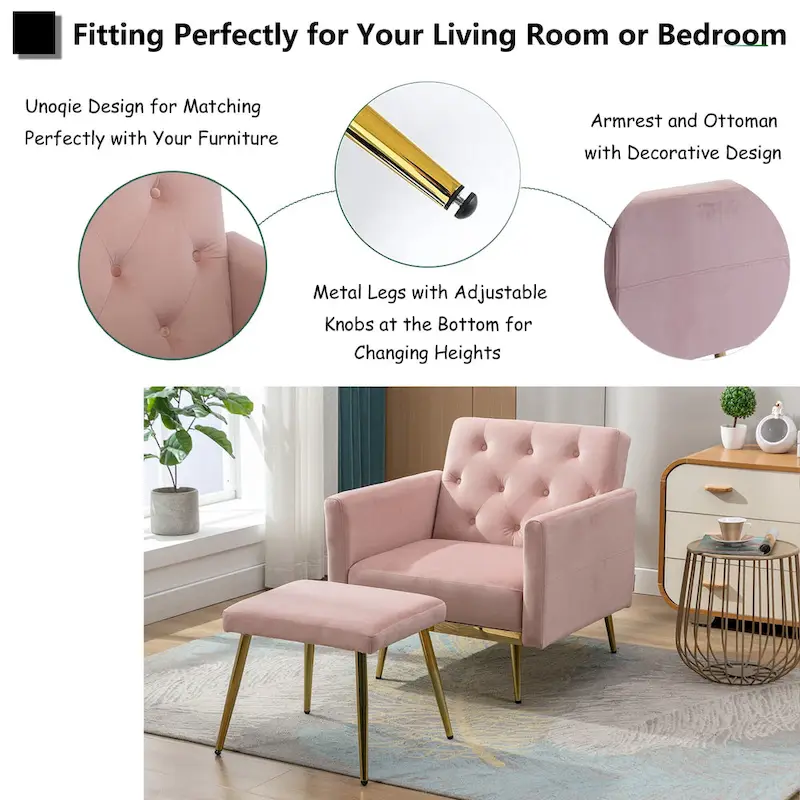 HOMEFUN Velvet Tufted Adjustable Armrests and Backrest Armchair with Ottoman